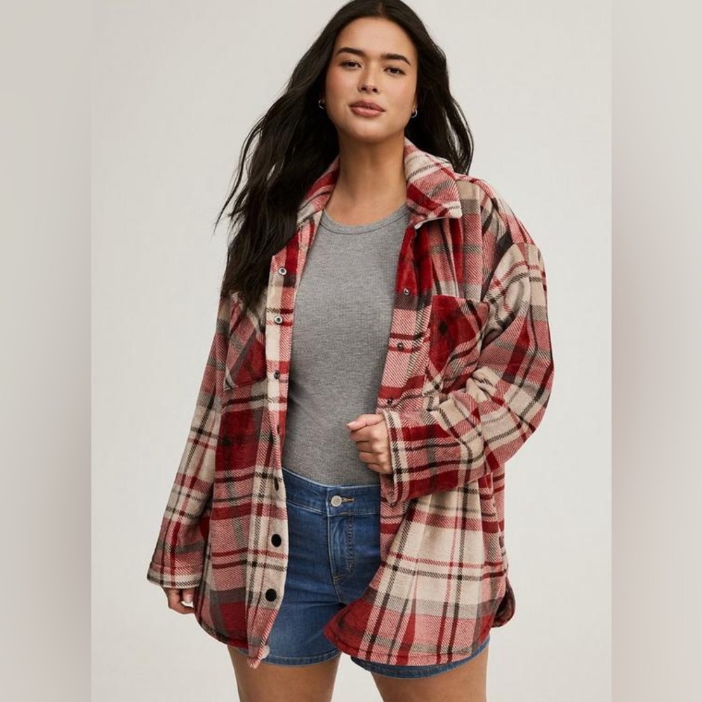 Torrid Red Plaid Cozy Fur Snap Front Shacket, Size 3x